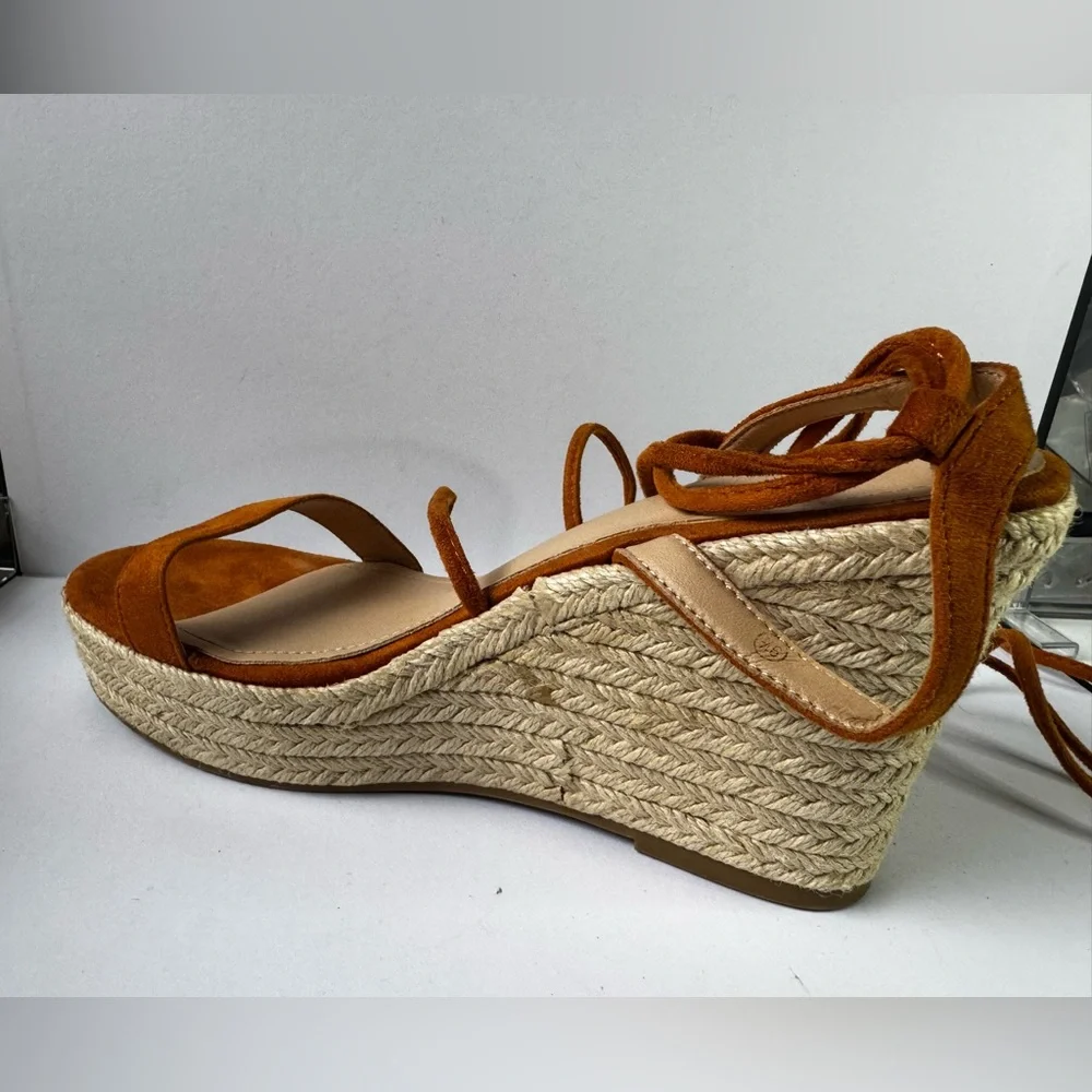 Espadrille Lace-Up Wedge Sandals Brown Suede Strappy Platform Size 9.5